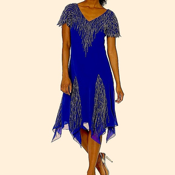 COCKTAIL DRESS ROYAL BLUE SILVER HAND BEADED SHORT FORMAL 22W J.KARA BEAUTIFUL - Picture 4 of 6